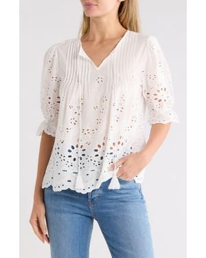 Forgotten Grace Eyelet Pleated Peasant Top - White