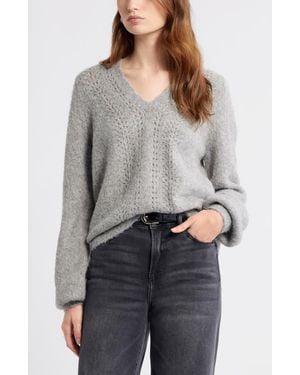 Treasure & Bond Oversize Pointelle V-Neck Sweater - Gray