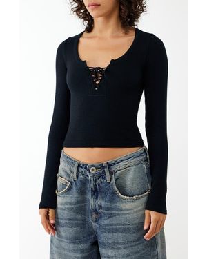 BDG Knockout Long Sleeve Tie Front Crop Top - Black