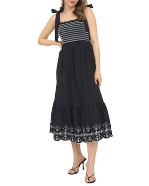 AUGUST SKY Embroidered Smocked Dress - Blue