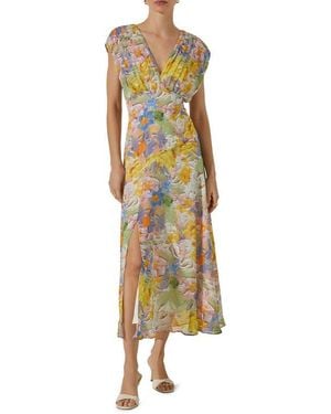 Astr Floral Pleated Bodice Midi Dress - Metallic