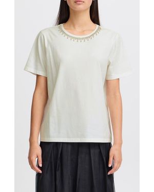 Ichi Jeweled Neckline Cotton T-Shirt - White