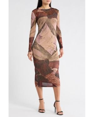 Desigual Long Sleeve Mesh Body-Con Dress - Brown