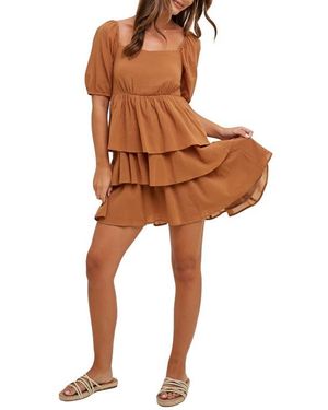 Wishlist Puff Sleeve Tiered Minidress - Brown