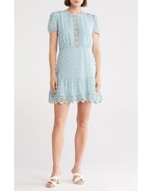 Love By Design Romee Puff Sleeve Lace Trim Clip Dot Minidress - Blue