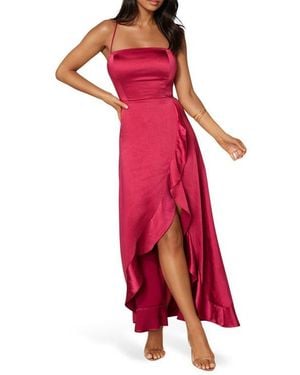 Bebe Lace-Up Back Ruffle Satin Maxi Dress - Red