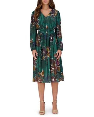 Kensie Floral Long Sleeve Satin A-Line Midi Dress - Green