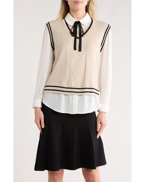 Adrianna Papell Tie Neck Twofer Sweater - Natural