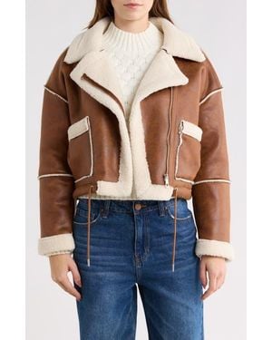Vigoss Faux Shearling Lined Moto Jacket - Brown