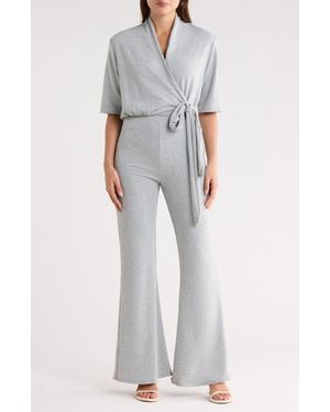 Go Couture Short Sleeve Faux Wrap Jumpsuit - Gray