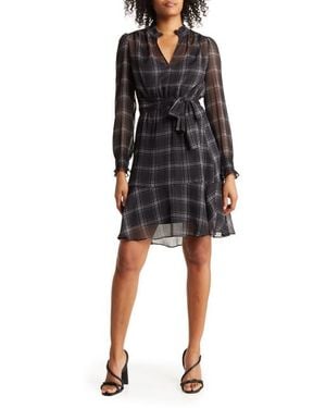 Tommy Hilfiger Fine Plaid Notched Neck Shirtdress - Black