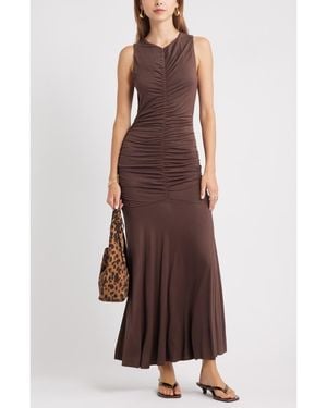 Open Edit Ruched Sleeveless Maxi Dress - Brown