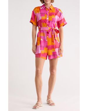 FRNCH Leoline Tie Waist Linen Blend Romper - Red