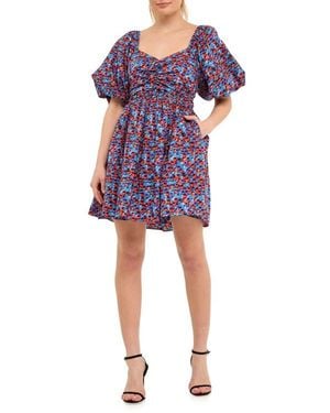 Endless Rose Floral Print Ruched Puff Sleeve Cotton Poplin Babydoll Dress - Purple