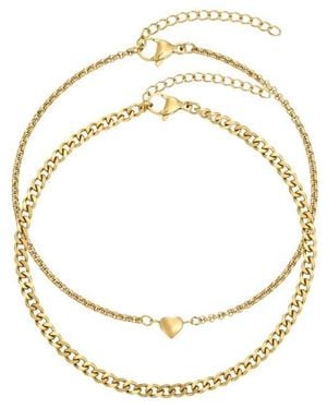 Adornia Set Of 2 Tarnish Resistant 18K Plated Heart & Curb Chain Anklets - Metallic