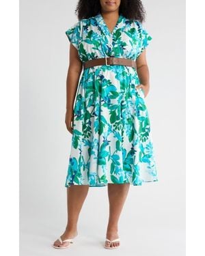 Calvin Klein Belted Stretch Cotton Midi Dress - Blue