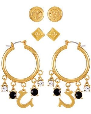 True Religion Set Of 3 Logo Stud & Hoop Earrings - Metallic