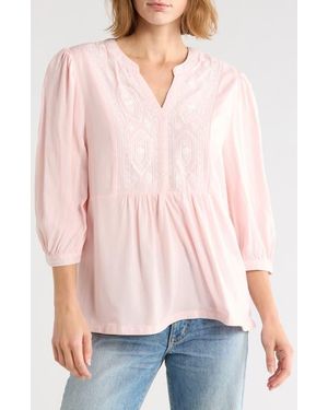 Forgotten Grace Embroidered Split Neck Top - Pink