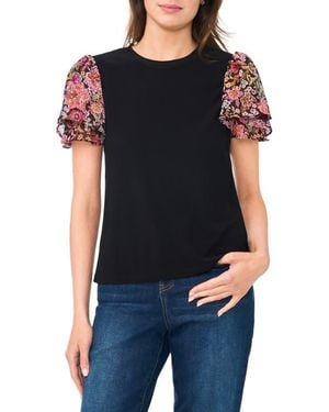 Cece Floral Flutter Sleeve Top - Black