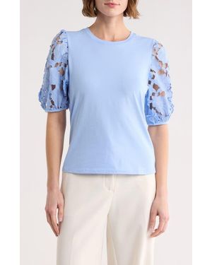 Ellen Tracy Mixed Media 3D Floral Sleeve Top - Blue