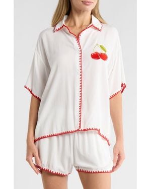 Betsey Johnson Blanket Stitch Embroidered Cabana Button-Up Shirt & Shorts Cover-Up Set - White