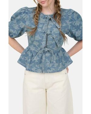 Blu Pepper Puff Sleeve Tie Front Top - Blue