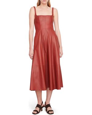 Vince Square Neck Leather A-Line Dress - Red