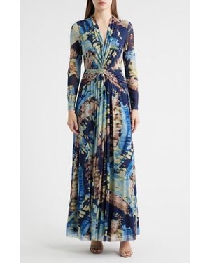 Anne Klein Abstract Print Twist Front Long Sleeve Mesh Maxi Dress - Blue