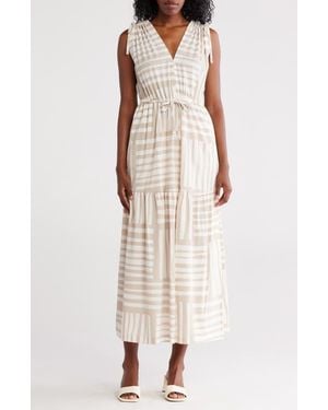 Calvin Klein Stripe V-Neck Drawstring Maxi Dress - White