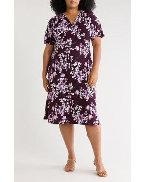 Connected Apparel Dolman Sleeve Floral Surplice Neck Dress - Red
