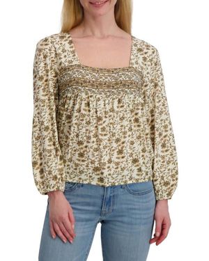 Lucky Brand Floral Long Sleever Bubble Hem Cotton Top - Multicolor