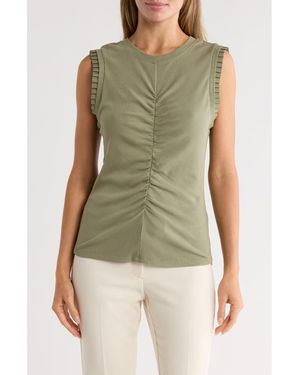 Democracy Ruched Rib Mixed Media Knit Top - Green