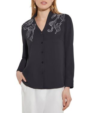 Misook Abstract Embroidered Button-Up Shirt - Black