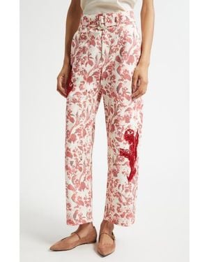 Cinq À Sept Deyo Floral Ribbons Bead Fringe Detail Stretch Cotton Pants - Red