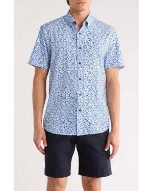 Con.struct Slim Fit Abstract Leaf Print Short Sleeve Button-Down Shirt - Blue