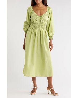 Rebecca Taylor Smocked Cotton Poplin Long Sleeve Dress - Green