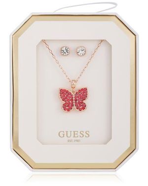 Guess Butterfly Pendant Necklace & Stud Earrings Set - White