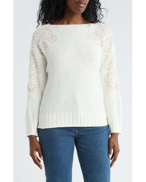 Democracy Embroidered Pullover Sweater - White