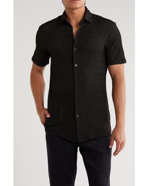 T.R. Premium Textured Knit Short Sleeve Button-Up Shirt - Black