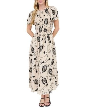 AUGUST SKY Embroidered Smocked Short Sleeve Maxi Dress - White