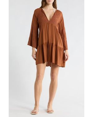 Boho Me Eyelet Bell Sleeve Tunic - Brown