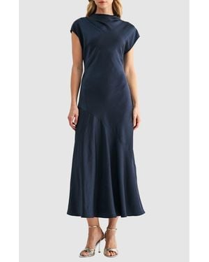 Mila + Mate Short Sleeve Asymmetric Hem Satin Maxi Dress - Blue