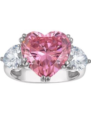FZN Sterling Cubic Zirconia Heart Three Stone Ring - Pink