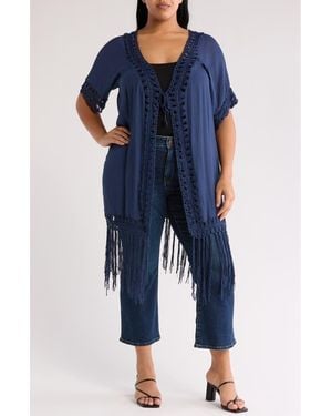Forgotten Grace Crochet Trim Fringe Hem Duster - Blue