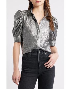 FRAME The Gillian Shiny Puff Sleeve Button-Up Shirt - Black