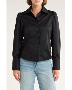 French Connection Gathered Seam Puff Sleeve Button-Up Shirt - Black