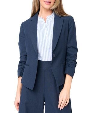 Gibsonlook Ruched Sleeve Linen Blend Blazer - Blue