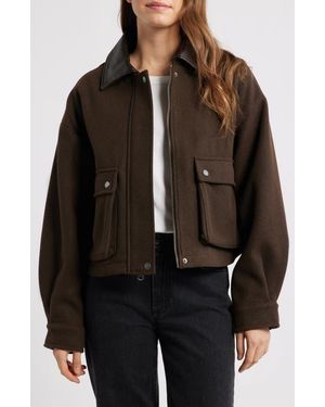 Lucky Brand Faux Leather Collar Crop Bomber Jacket - Black