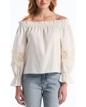 Laundry by Shelli Segal Embroidered Off-The-Shoulder Long Sleeve Top - Gray