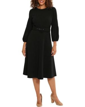 London Times Pleated Sleeve Belted Fit & Flare Dress - Black